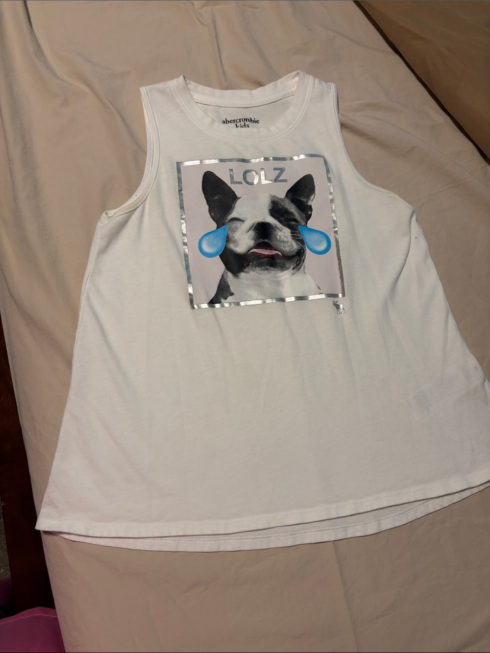 abercrombie kids White Tank Top with Dog Graphic and Blue Accents